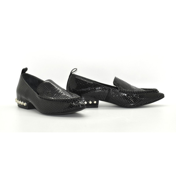 A8 Auth JEFFREY CAMPBELL Barnett Black Perforated Patent Studded Loafers Size 7 - Picture 1 of 6